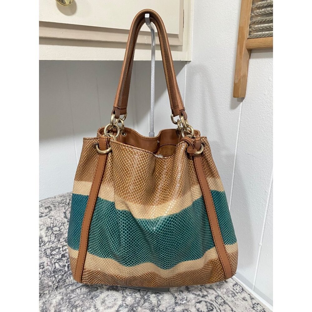 Furla Snakeskin Leather Striped Tote Shoulder Bag in Teal Tan